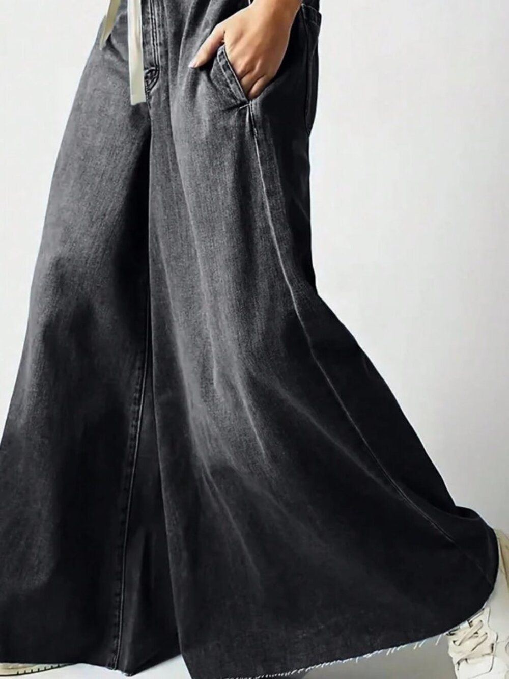 Boho Wide Leg Distressed Raw Hem Denim Jeans - Picture 2 of 3